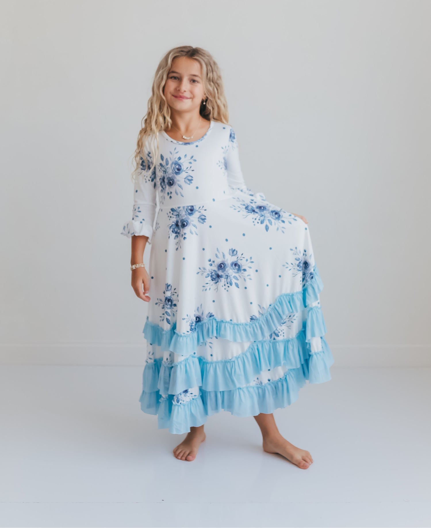 Dusty Blue Floral Ruffles Dress Oopsie Daisy Dusty Blue Floral Ruffles Dress Oopsie Daisy
