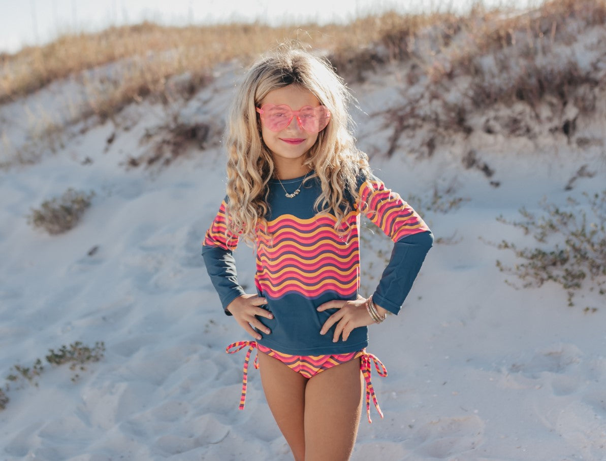 Navy Wave Long Sleeve Rash Guard Swimsuit