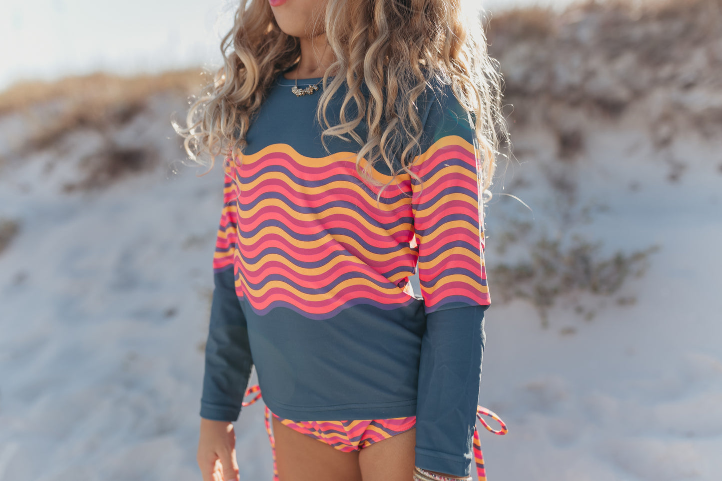 Navy Wave Long Sleeve Rash Guard Swimsuit