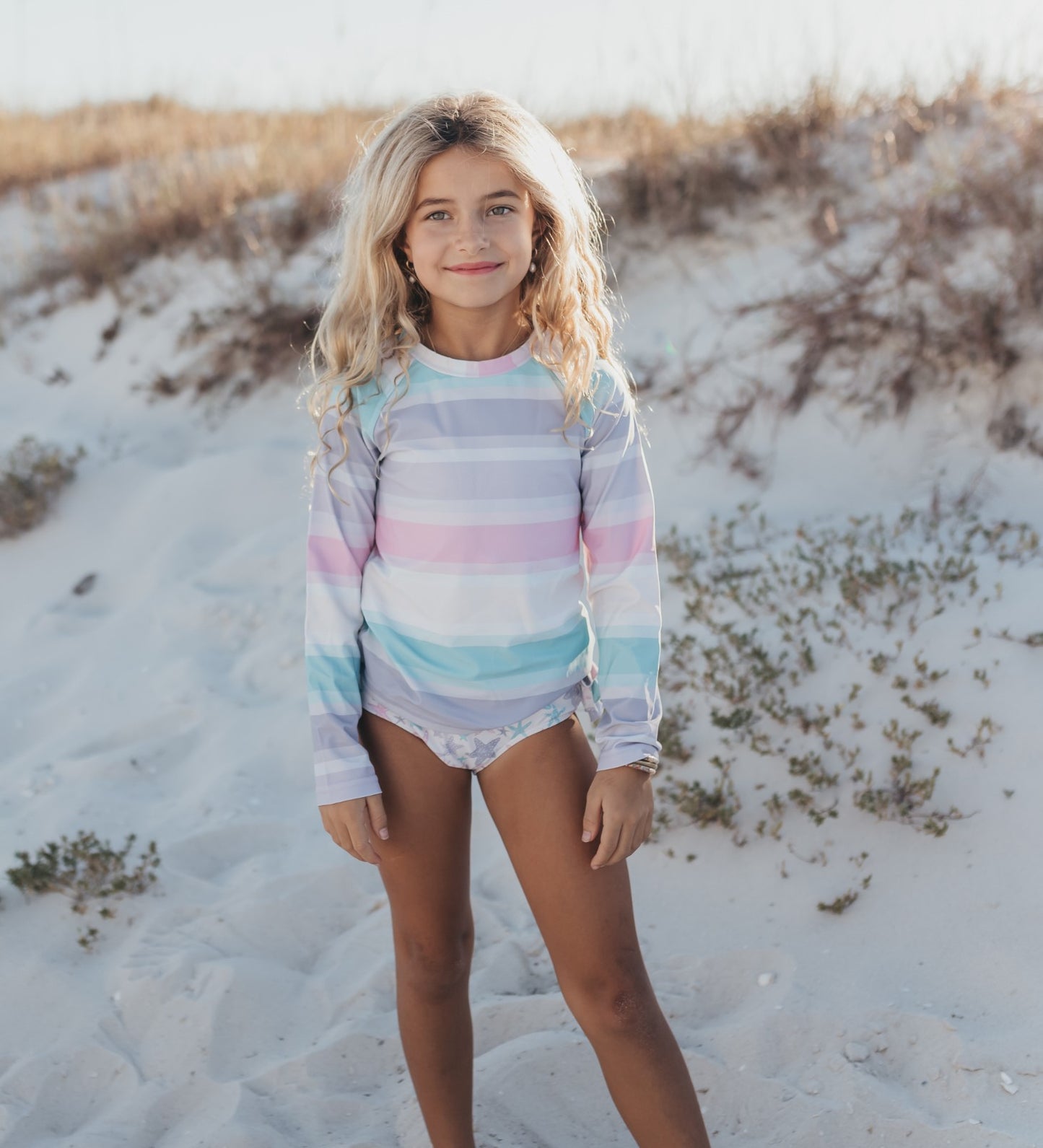 Pastel Star Fish Long Sleeve Rash Guard Swimsuit