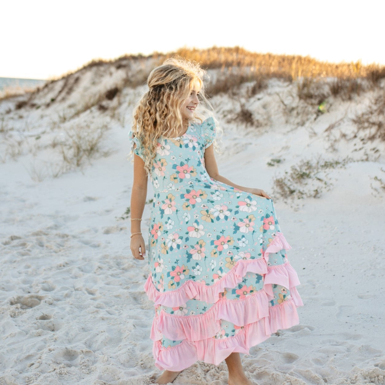 Bella Mint Floral Ruffles Dress