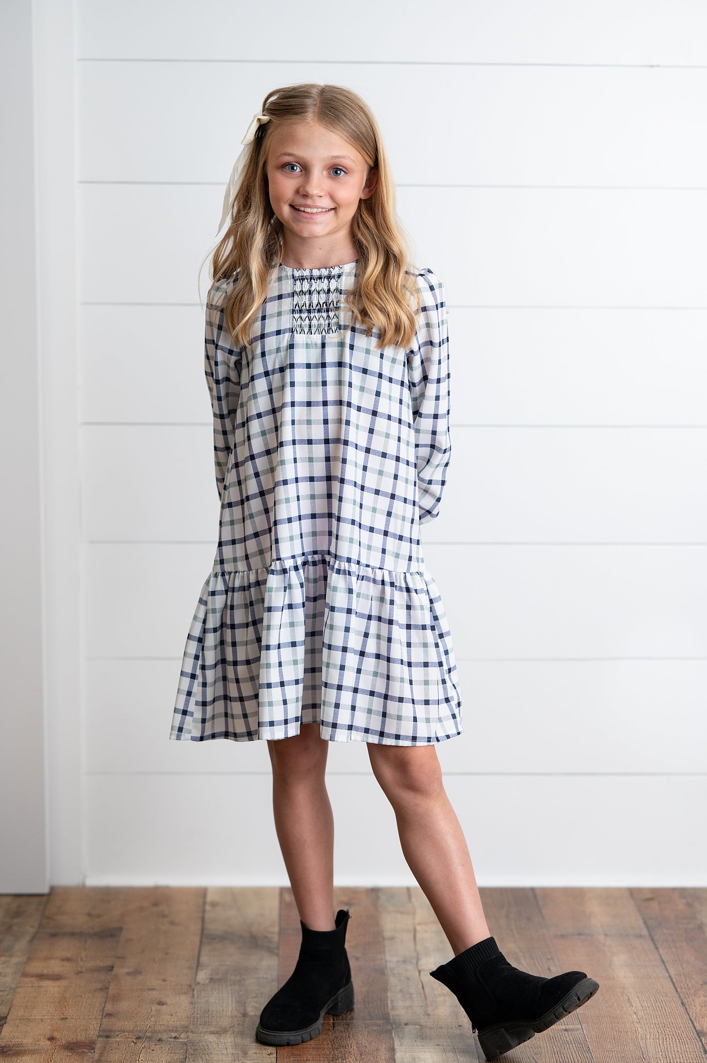 Navy and White Plaid Smocked Dress
