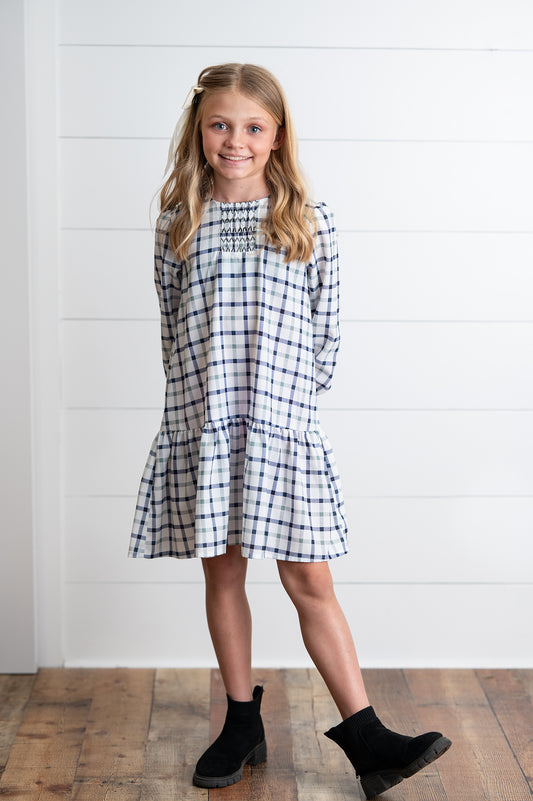 Navy and White Plaid Smocked Dress