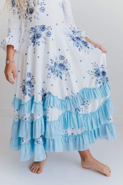 Dusty Blue Floral Ruffles Dress Oopsie Daisy Dusty Blue Floral Ruffles Dress Oopsie Daisy