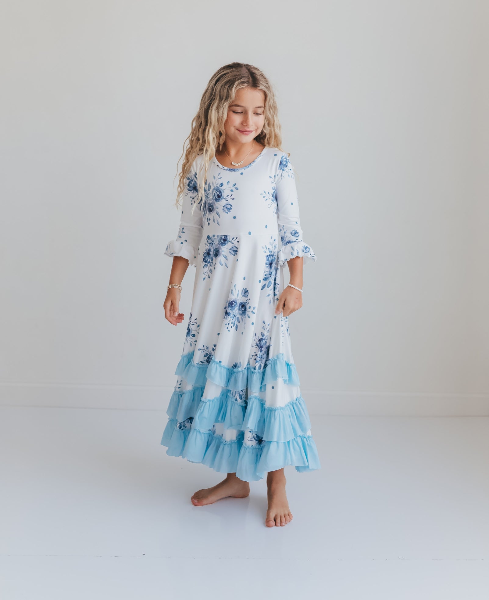 Dusty Blue Floral Ruffles Dress Oopsie Daisy Dusty Blue Floral Ruffles Dress Oopsie Daisy