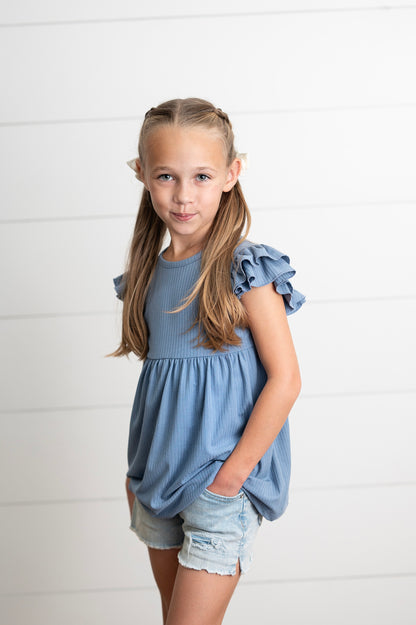 Ella Dusty Blue Ribbed Flutter Shirt
