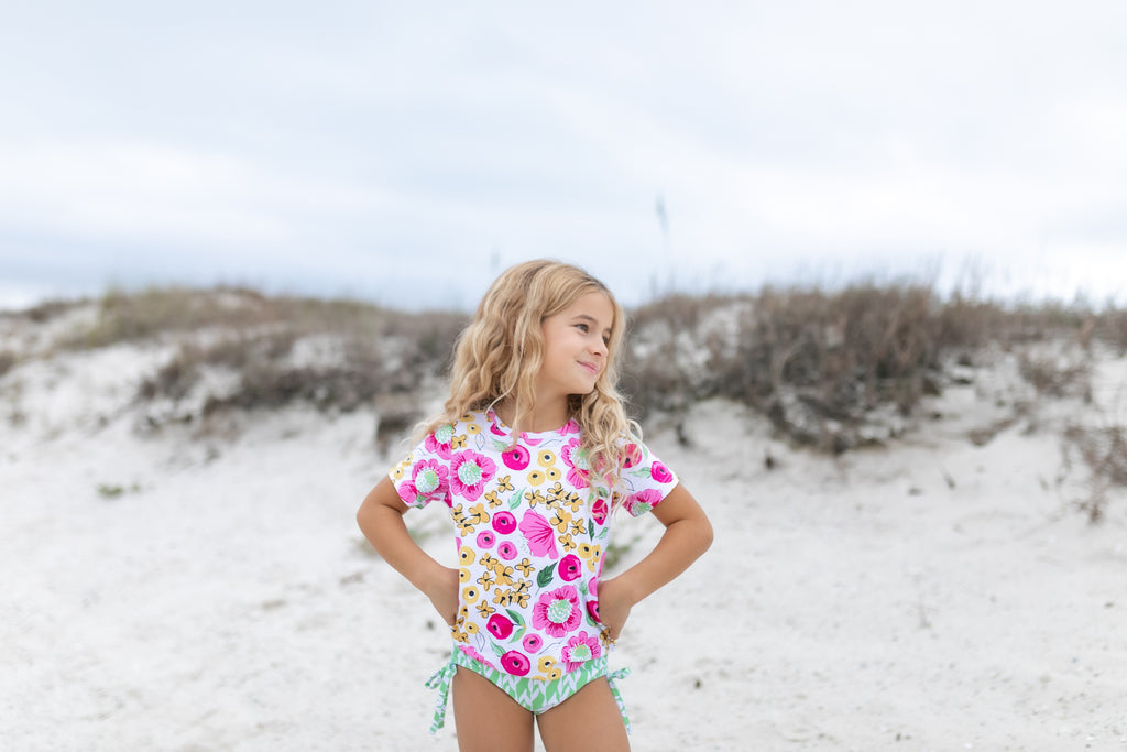 Green Pink Floral Rash Guard Swimsuit
