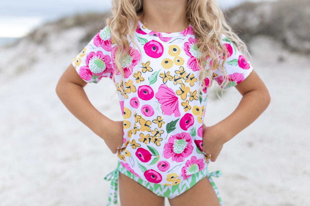 Green Pink Floral Rash Guard Swimsuit
