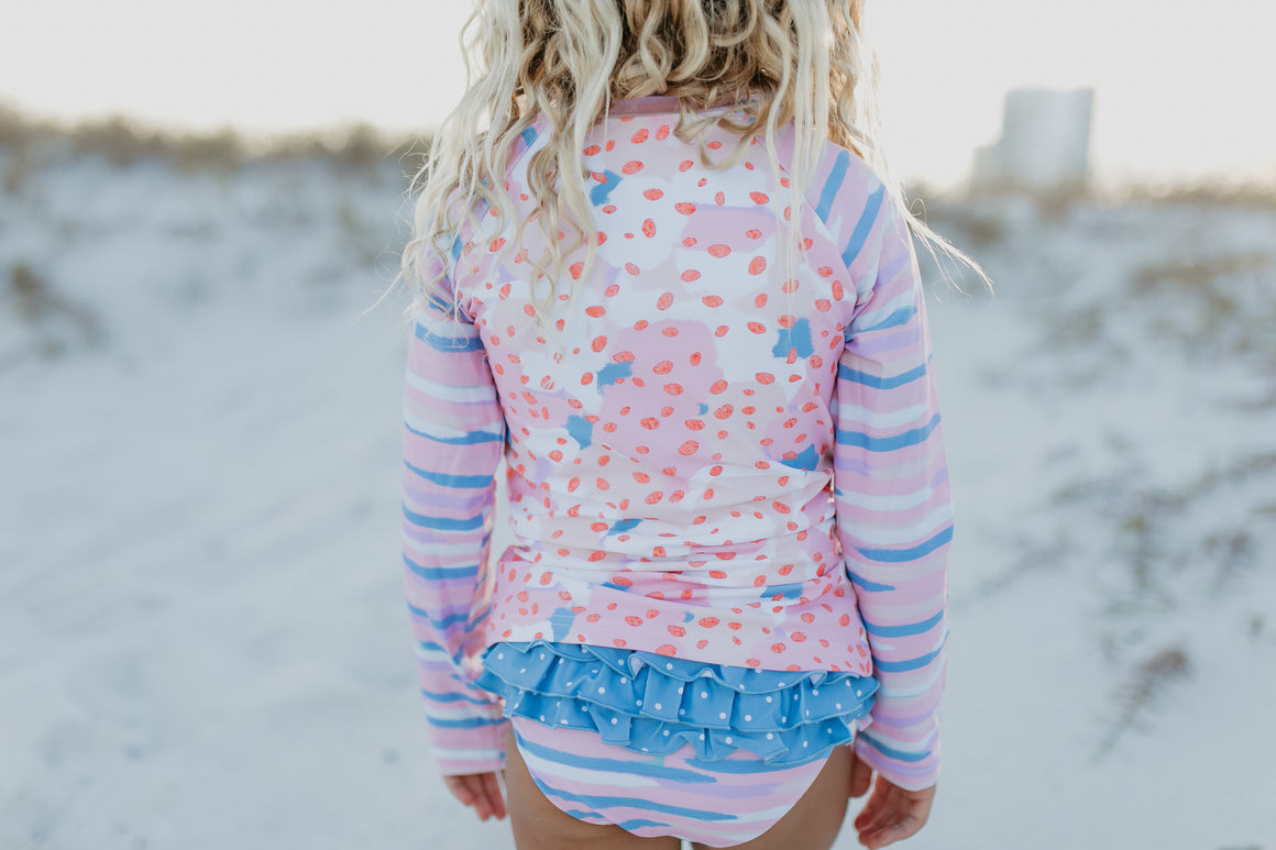 Pink Blue Abstract Long Sleeve Rash Guard Swimsuit