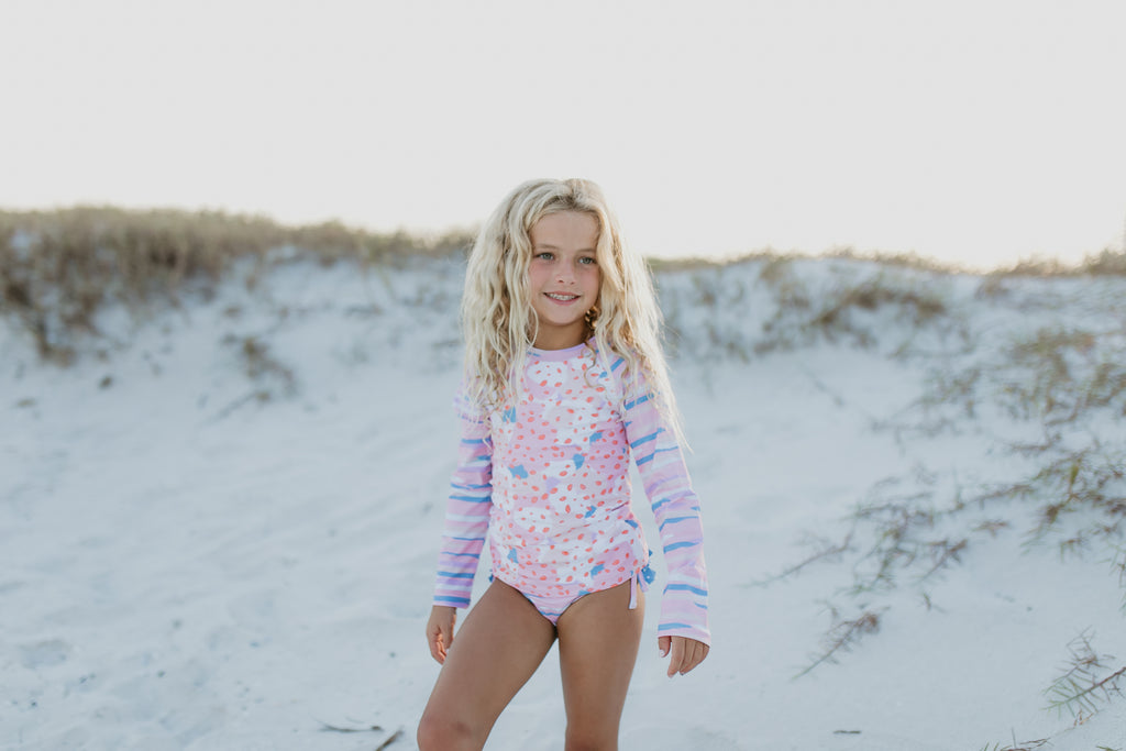 Pink Blue Abstract Long Sleeve Rash Guard Swimsuit