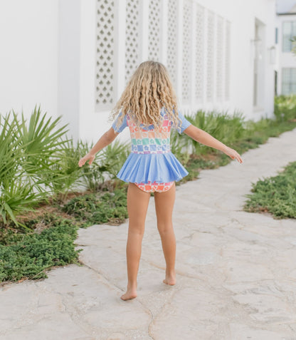 Blue Flower Check Skirted Leotard