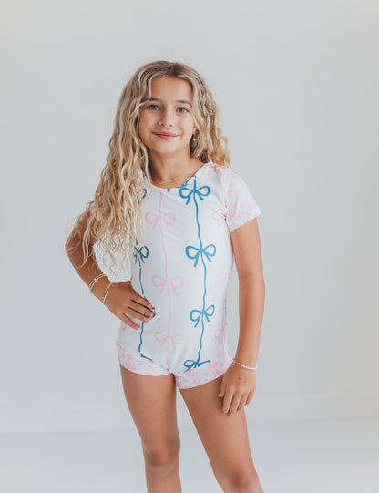 Pink and Blue Bow Shortie Leotard