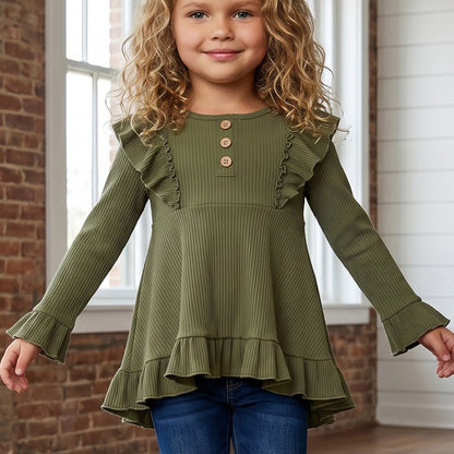 Olive Ribbed Ruffle Shirt