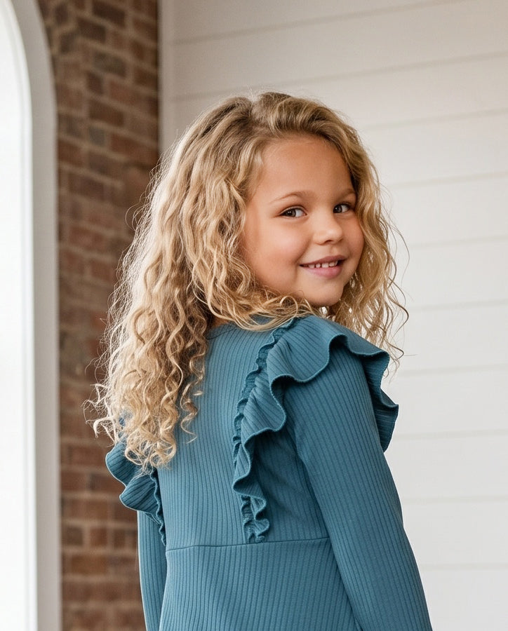 Dark Teal Ribbed Ruffle Shirt