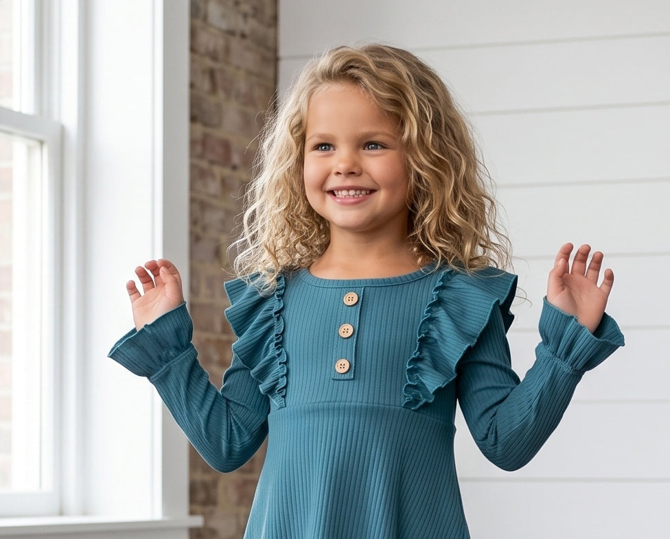 Dark Teal Ribbed Ruffle Shirt
