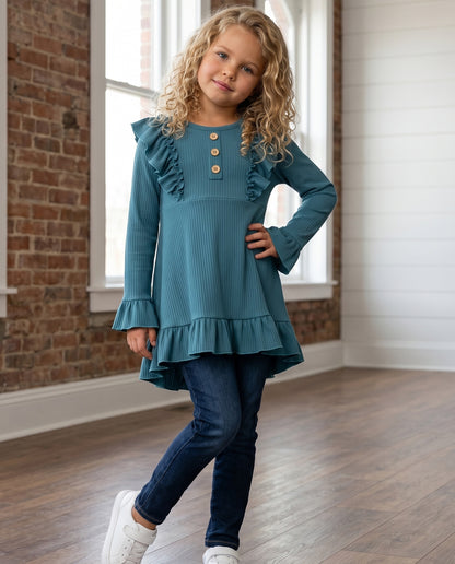 Dark Teal Ribbed Ruffle Shirt