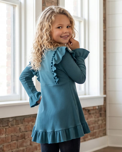 Dark Teal Ribbed Ruffle Shirt
