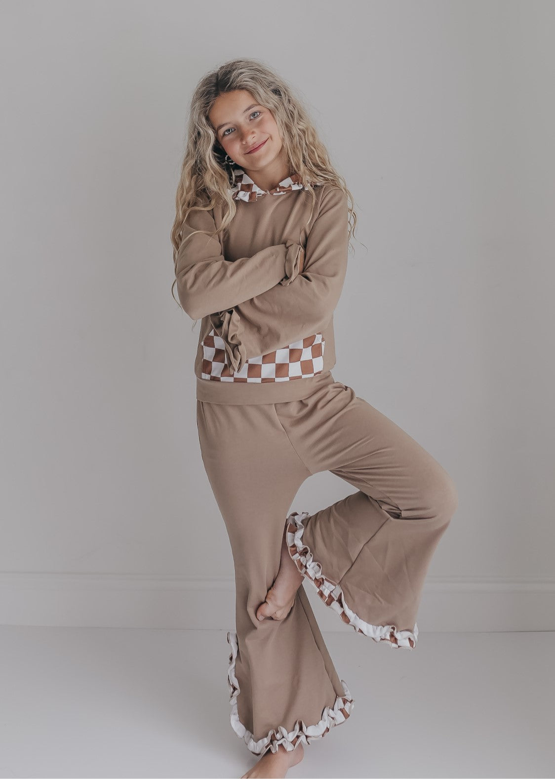 Tan Check Hooded Set