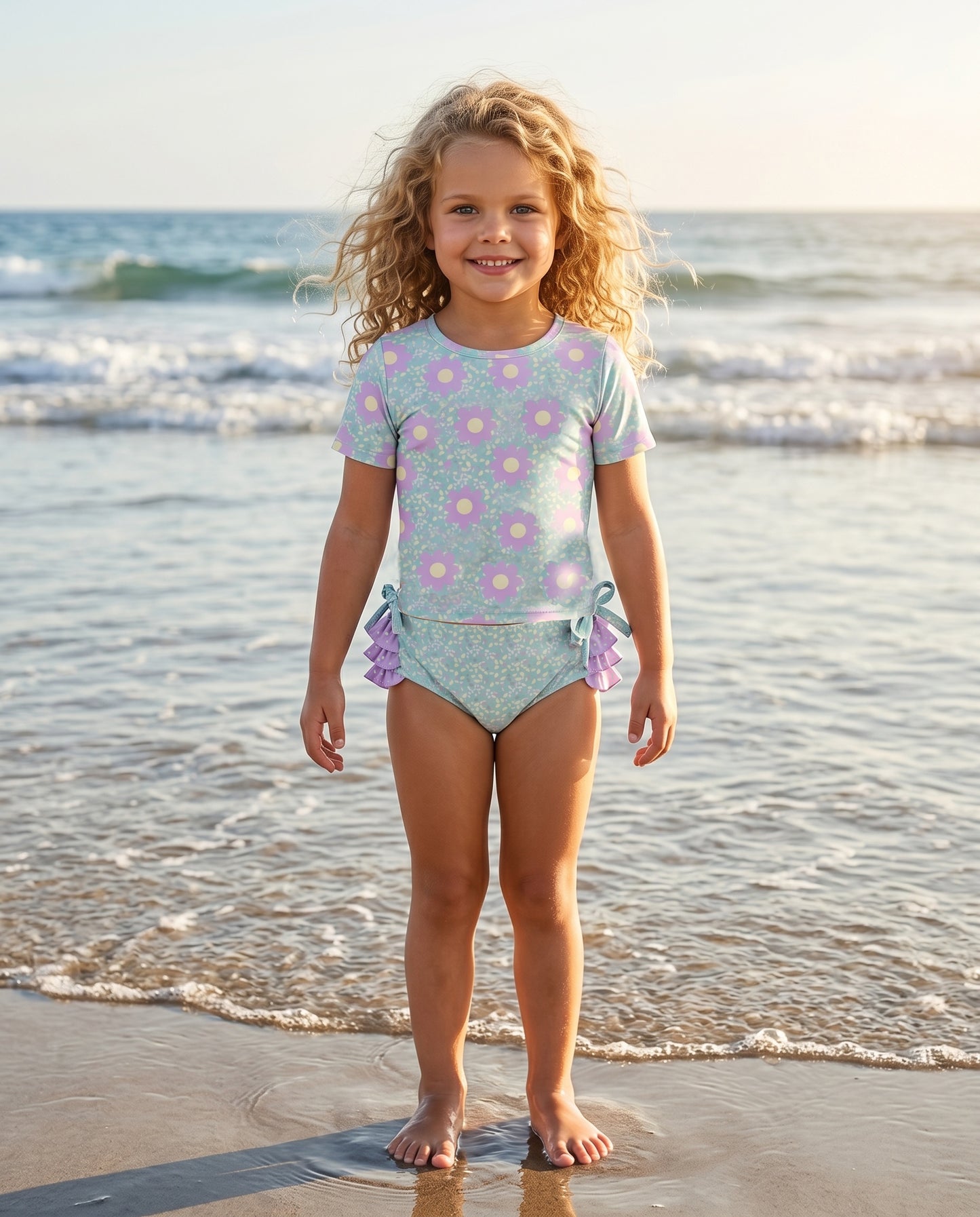 Sophie Mint Lavender Ruffles Rash Guard Swimsuit