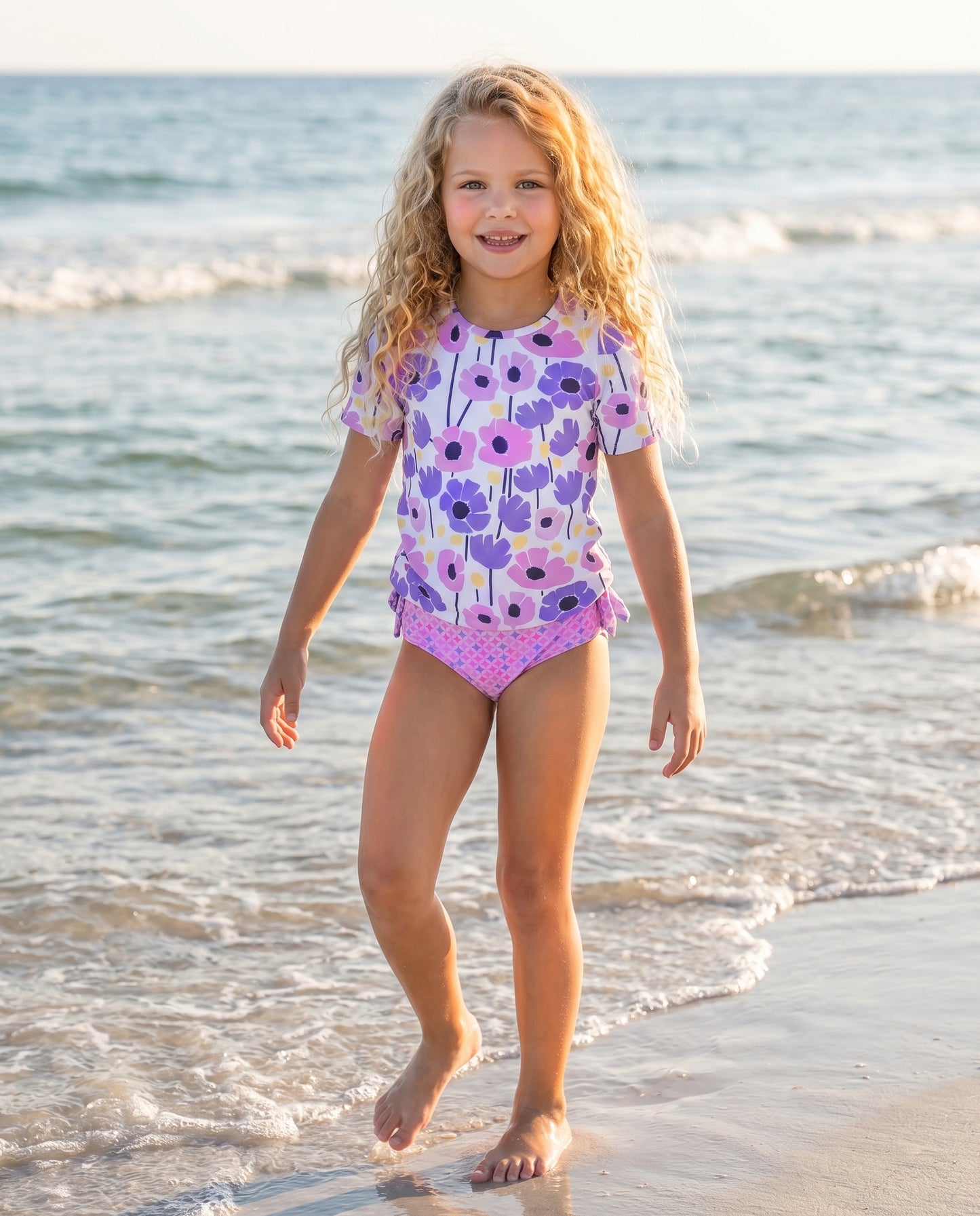 Sophie Mod Pink Purple Ruffles Rash Guard Swimsuit