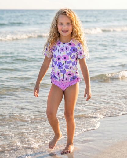 Sophie Mod Pink Purple Ruffles Rash Guard Swimsuit