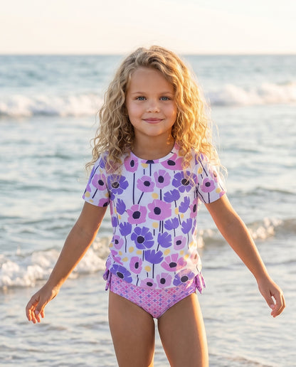 Sophie Mod Pink Purple Ruffles Rash Guard Swimsuit