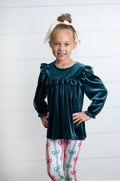 Velvet Teal Coquette Bow Pant Set