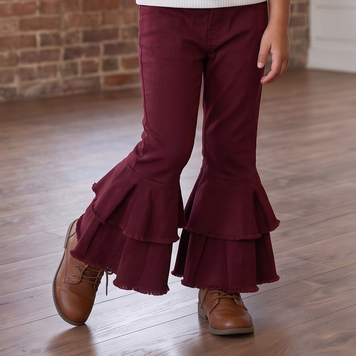 Wine Double Ruffle Denim Pant