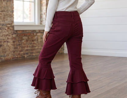 Wine Double Ruffle Denim Pant