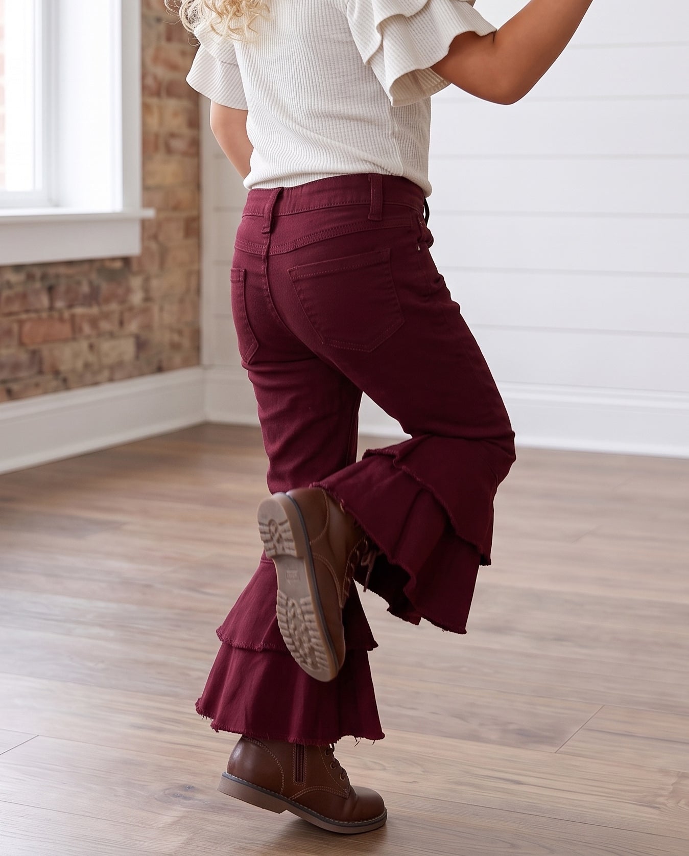 Wine Double Ruffle Denim Pant