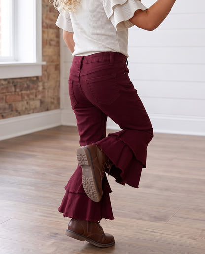 Wine Double Ruffle Denim Pant