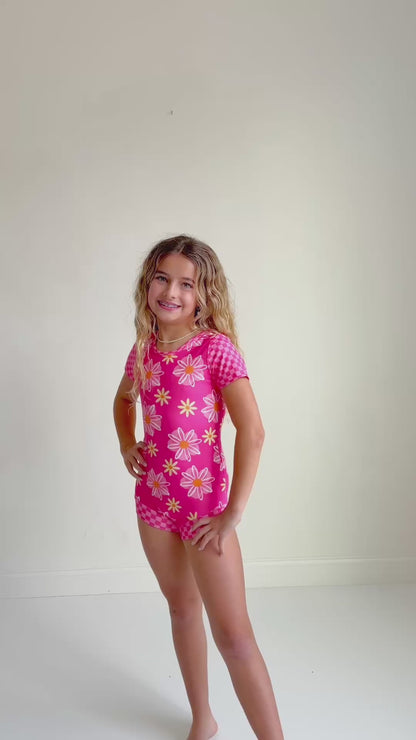 Hot Pink Daisy Check Shortie Leotard