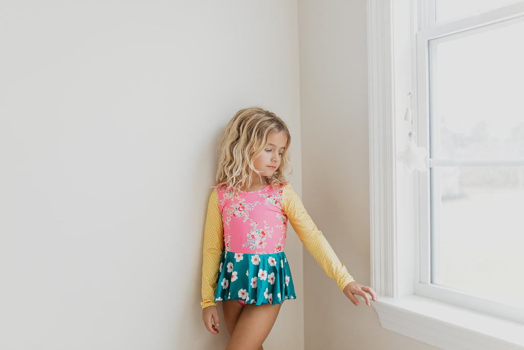 Shiny Flare Skirt Bright Pink Floral Leotard