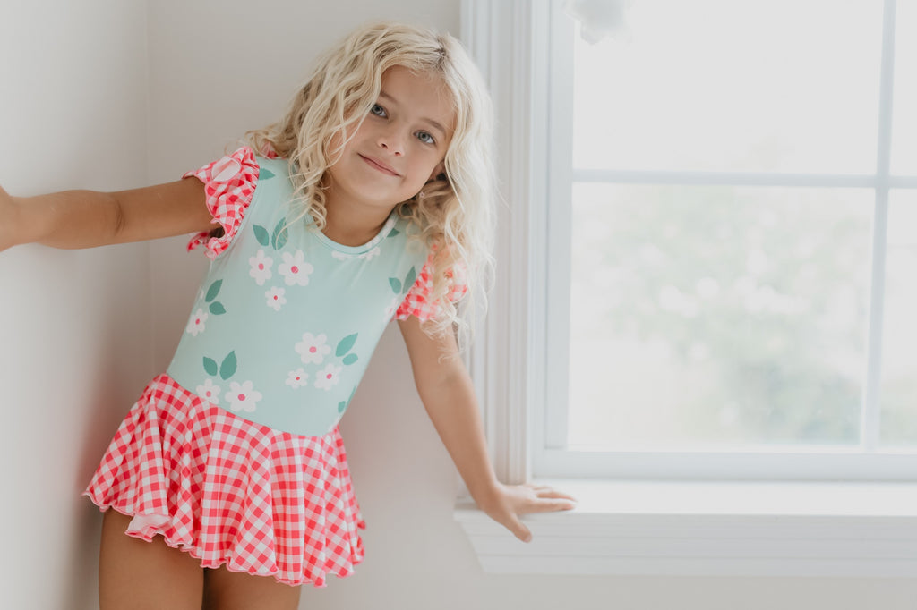 Mint Pink Check Skirted Leotard