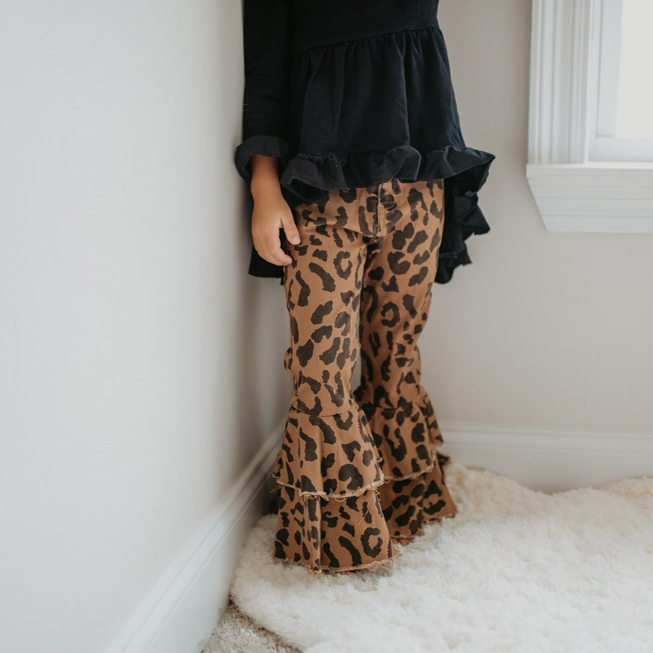 Leopard Double Denim Ruffle Pant