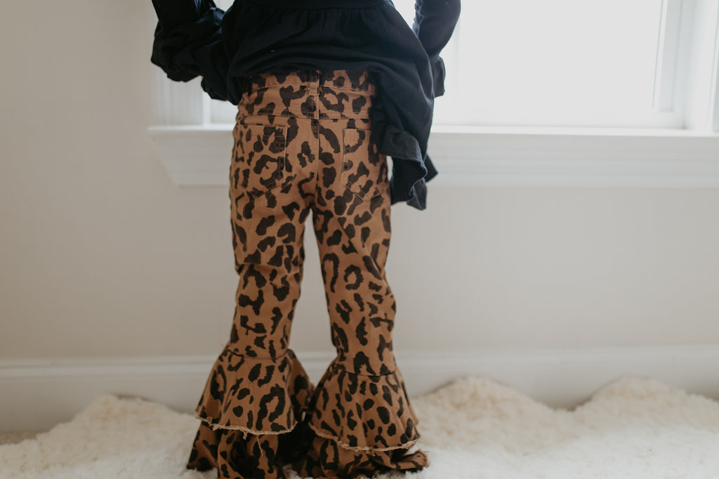 Leopard Double Denim Ruffle Pant