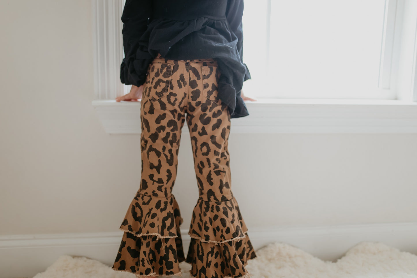 Leopard Double Denim Ruffle Pant