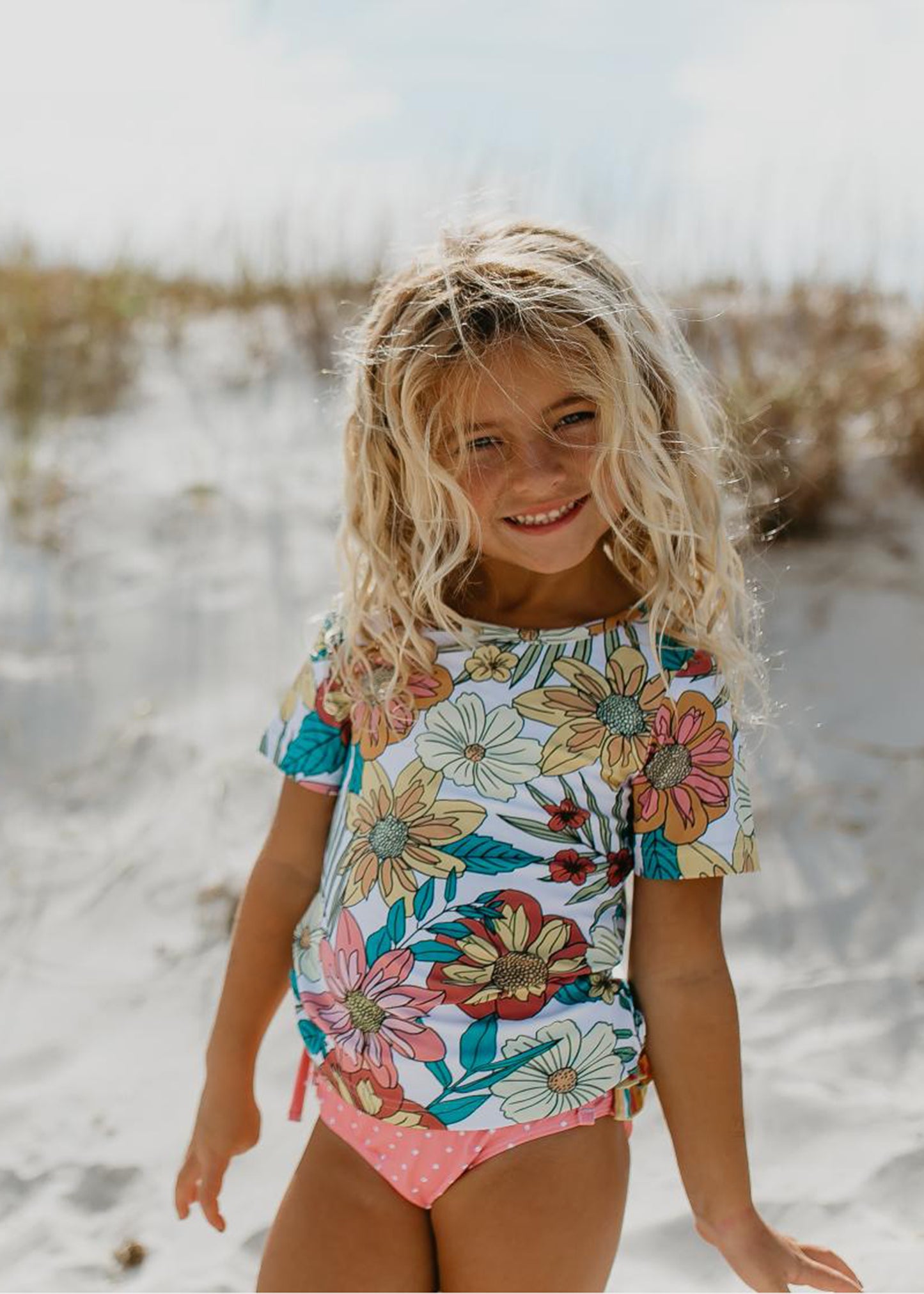 Sophie Pink Tropical Stripe Rash Guard Swimsuit