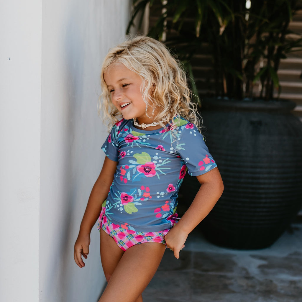 Gray and Green Floral Rash Guard Swimsuit