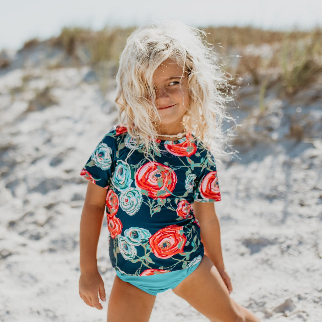 Navy Rose Rash Guard Swimsuit