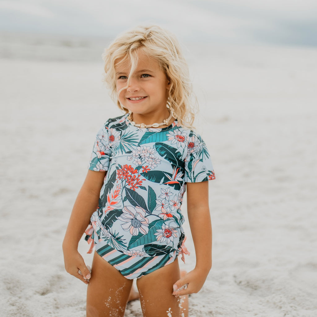 Peach Tropical Rash Guard Swimsuit