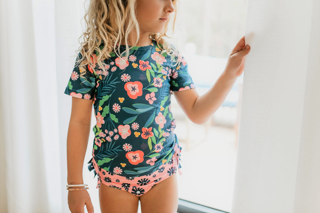 Pink Navy Floral Rash Guard Swimsuit