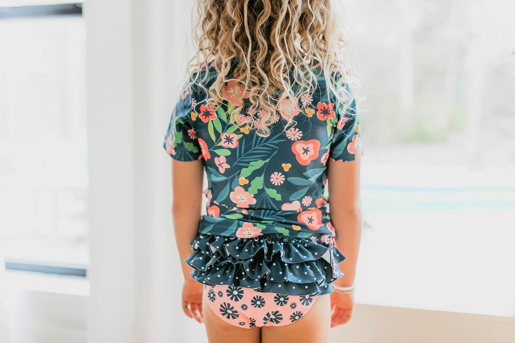 Pink Navy Floral Rash Guard Swimsuit