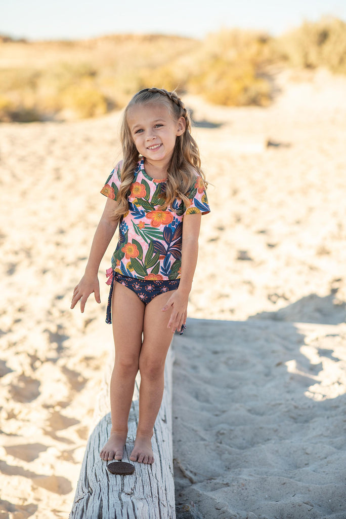 Pink Tropical Rash Guard Swimsuit