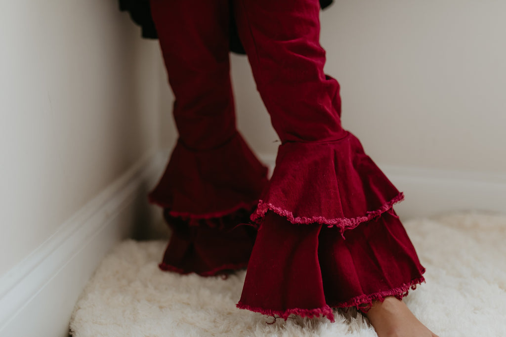 Wine Denim Ruffle Pant