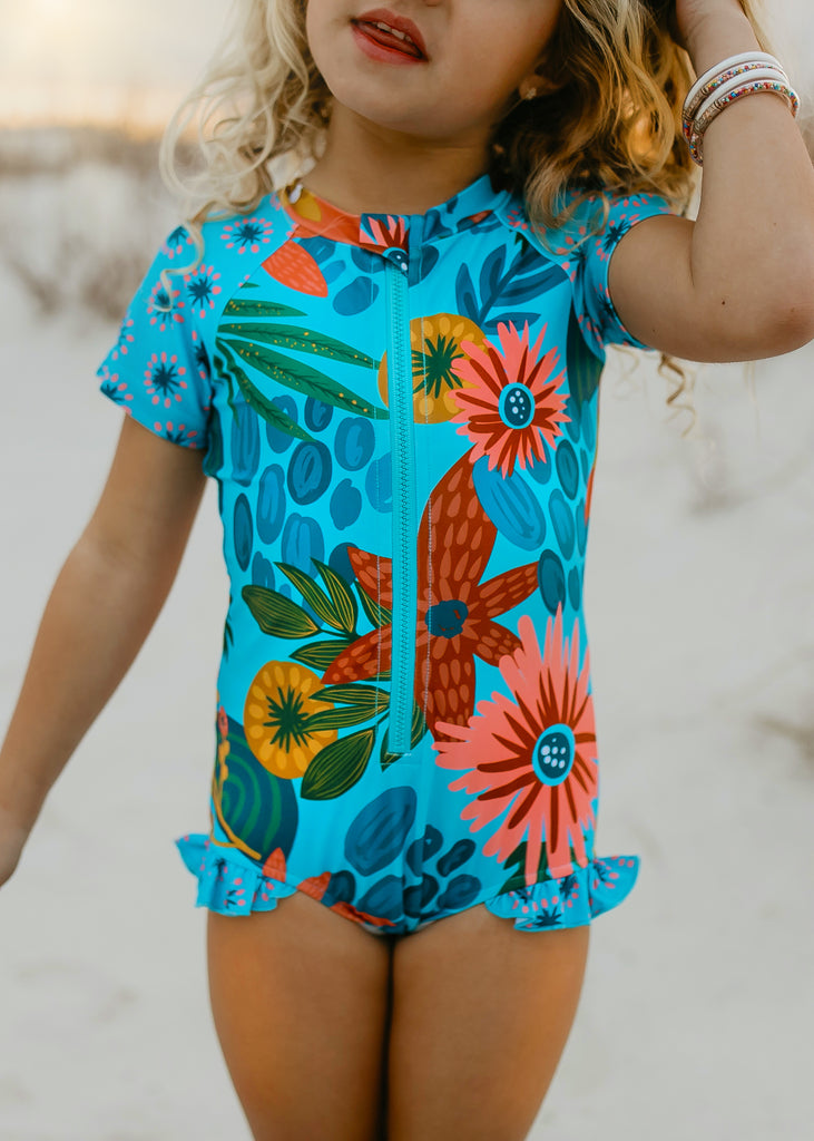 Blue Tropical Zip Rash Guard Swimsuit