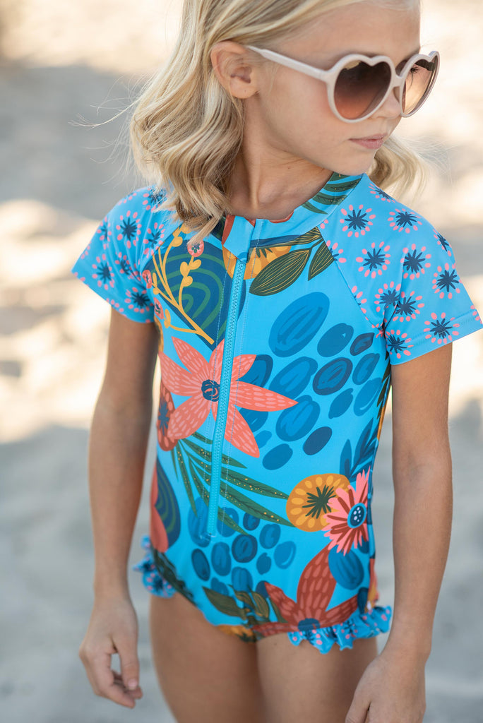 Blue Tropical Zip Rash Guard Swimsuit