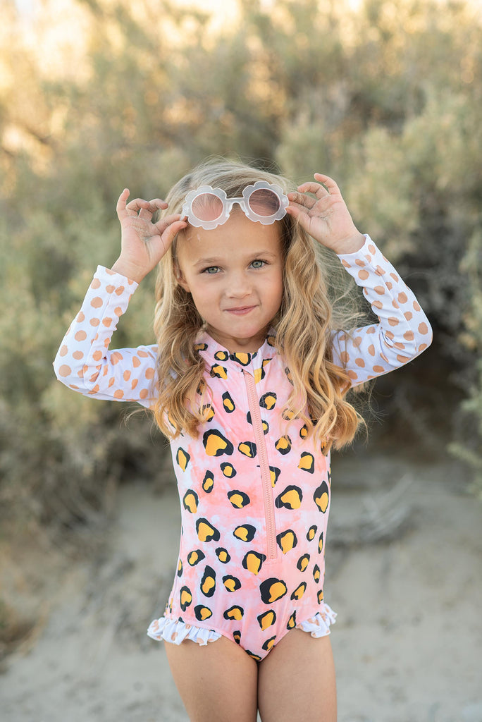 Pink Leopard Zip Rash Guard Swimsuit